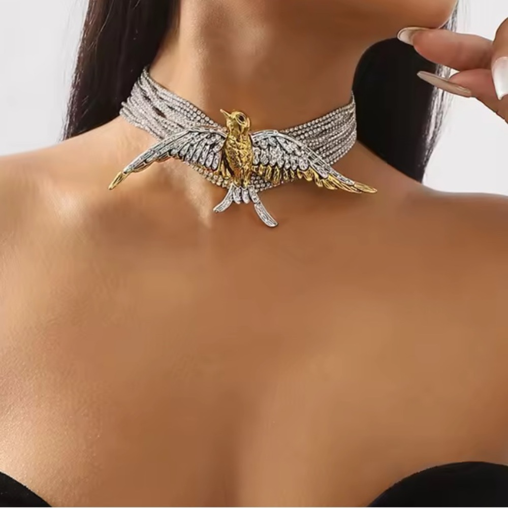 Gold & Silver Bird Choker Necklace Rhinestone Statement Collar, Luxury Fashion